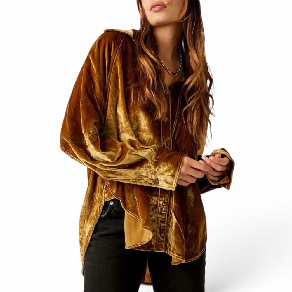 Free People We The Free Gold Velvet Oversized Button Down Top